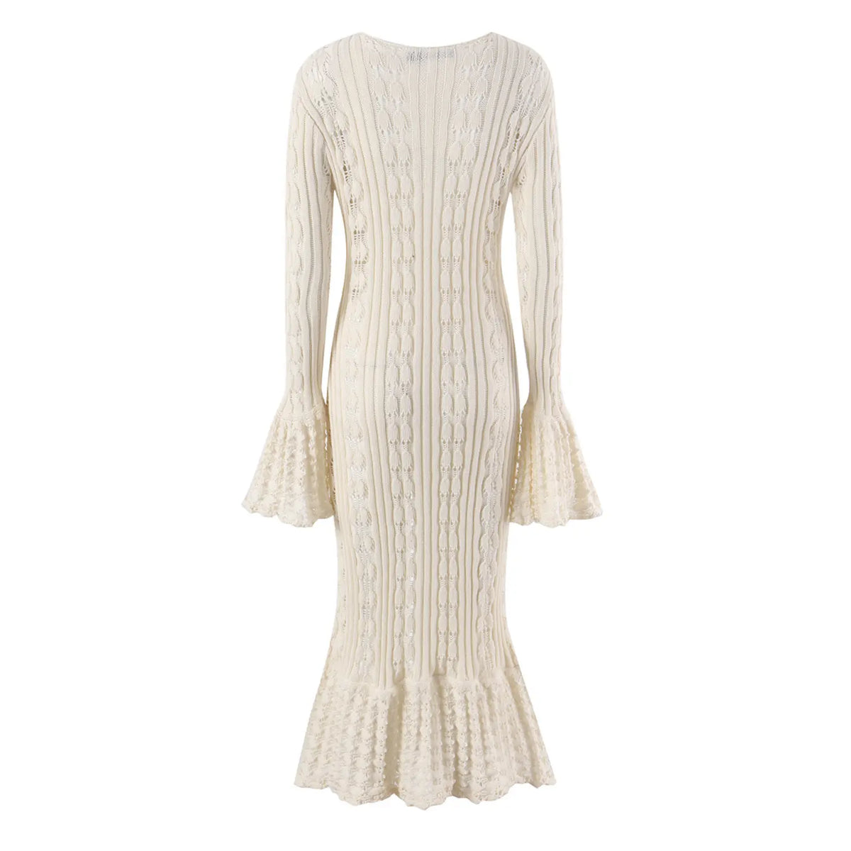 Back flat lay of cream pointelle knit bell sleeve mermaid midi dress