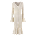 Front flat lay of cream pointelle knit bell sleeve mermaid midi dress
