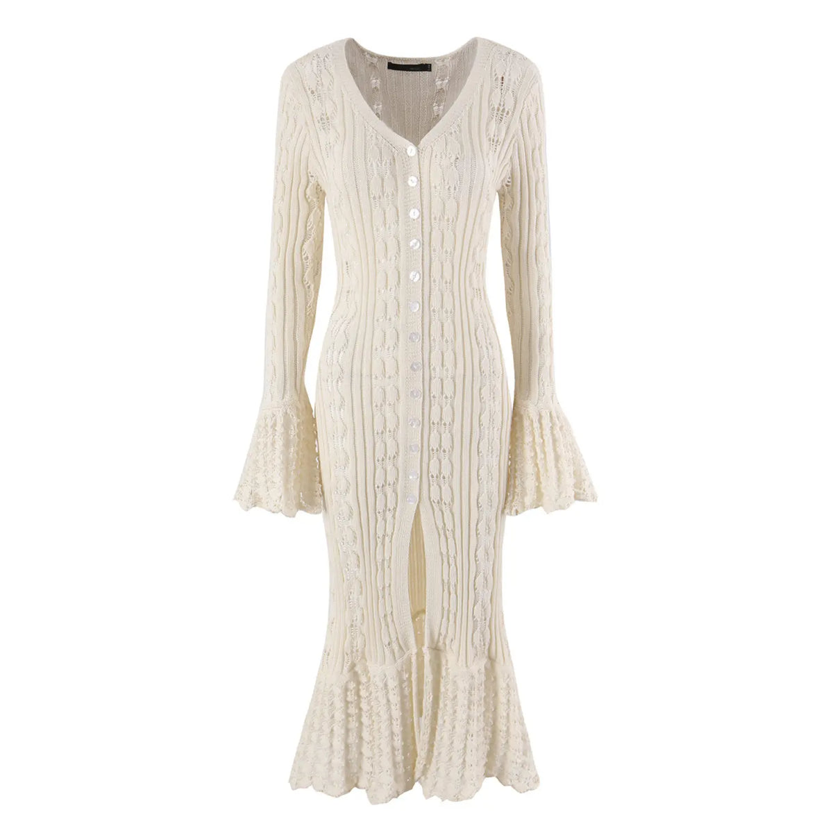 Front flat lay of cream pointelle knit bell sleeve mermaid midi dress