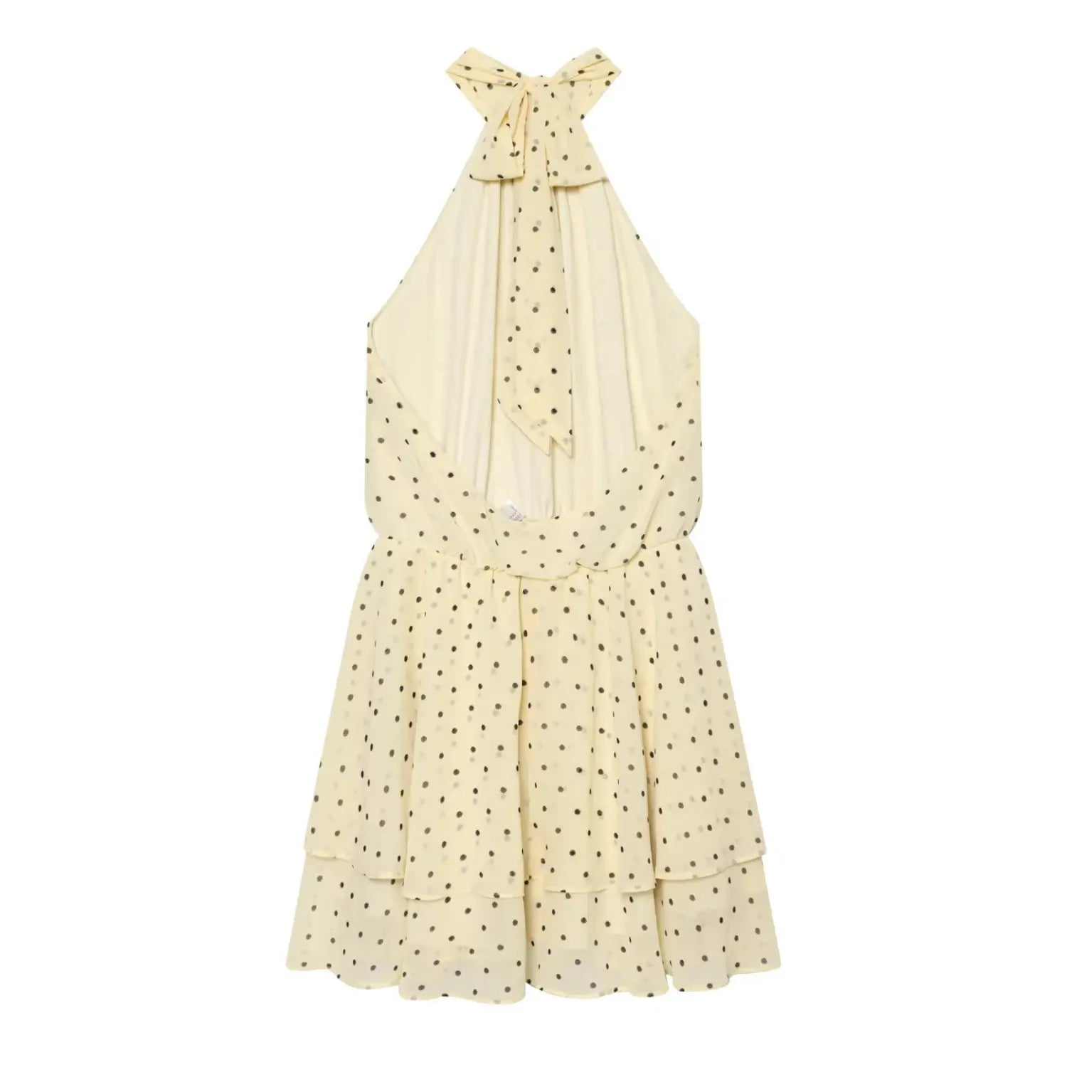 Full back flat shot showcasing large self-tie halter bow, deep open back and two-tier ruffle skirt silhouette