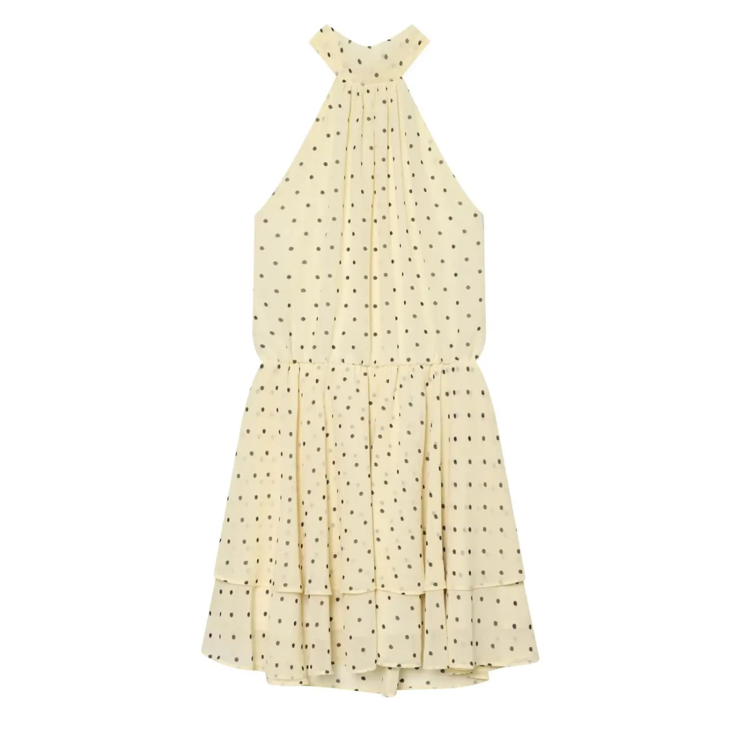 Full front flat view of sleeveless halter mini dress, gathered high neck, elastic cinched waist and double tier flowy skirt