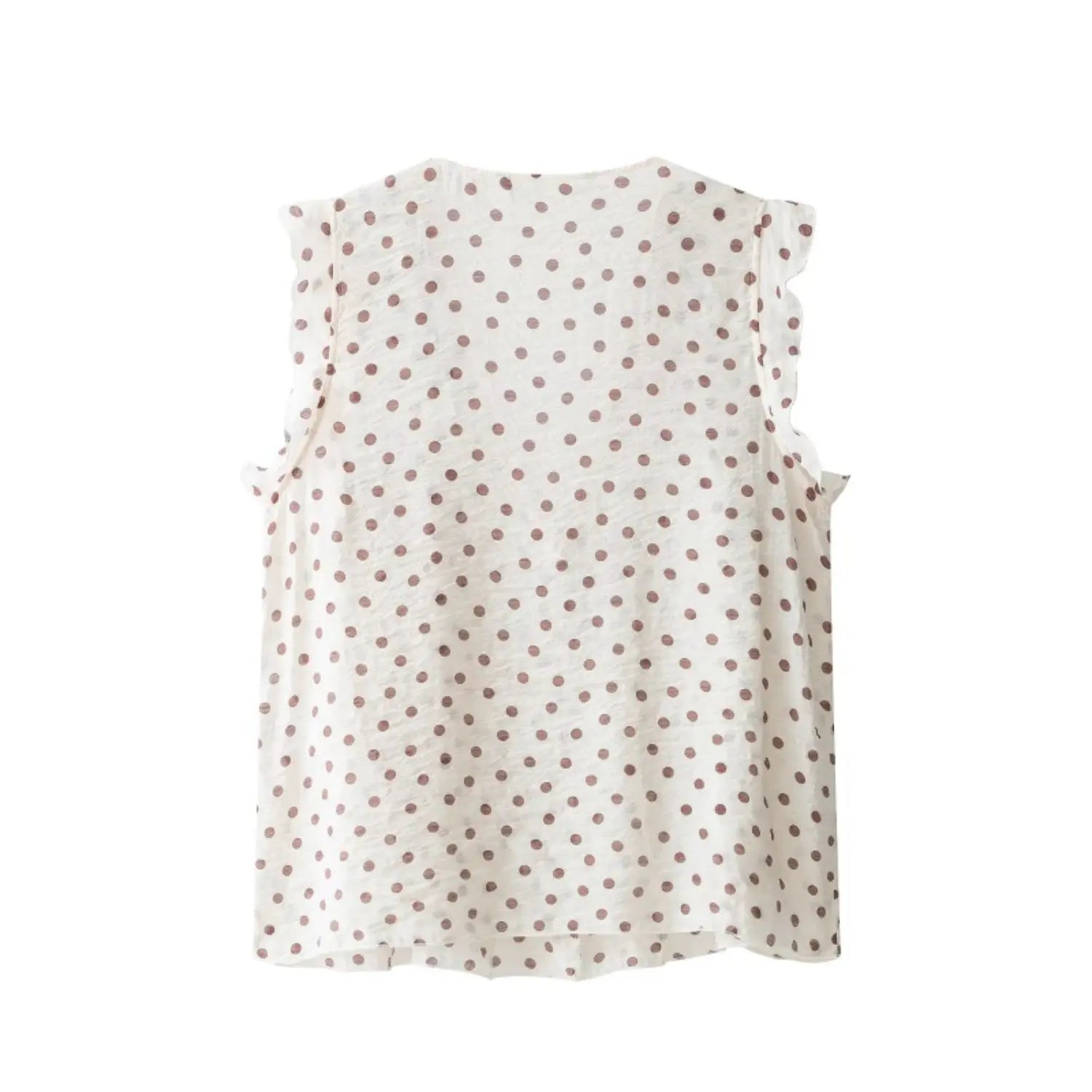 Complete back flat shot of off-white brown dot sleeveless blouse, round back neckline, flutter ruffle armhole trim, straight loose hem