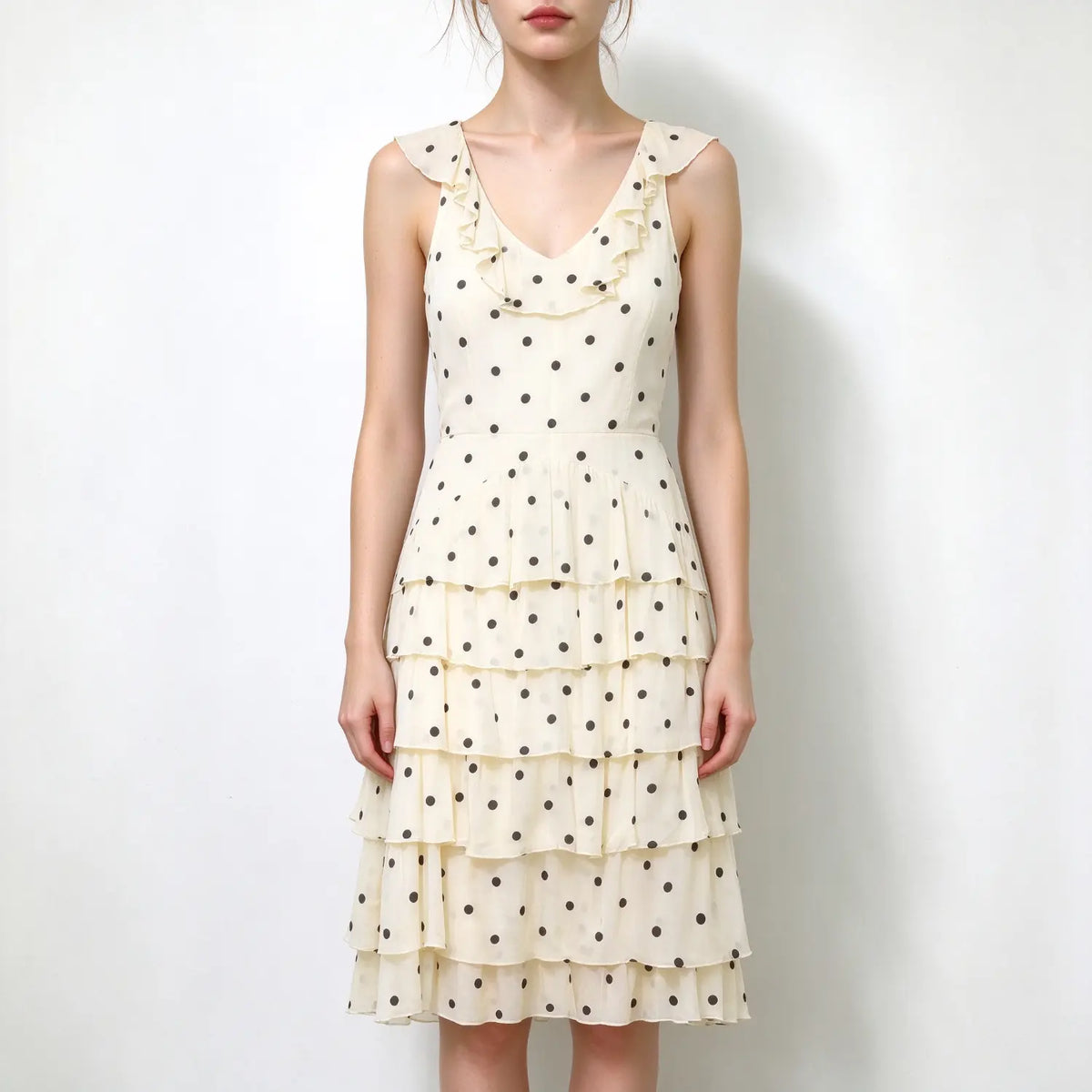 Model in cream polka dot tiered maxi dress, v neck ruffle trim, sleeveless layered chiffon maxi skirt, dark polka dot print
