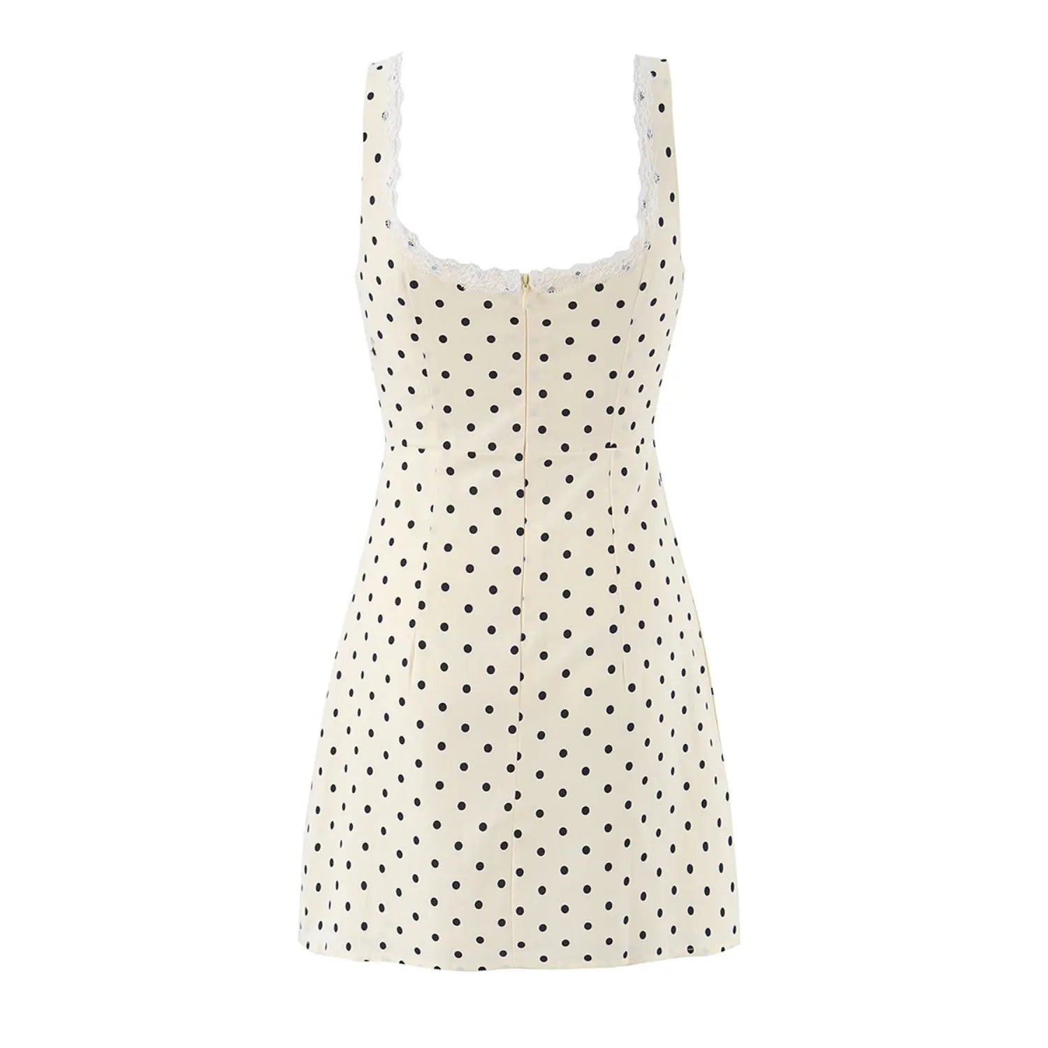 Complete back flat view, center invisible zipper, scalloped lace neckline trim, all-over black dot print