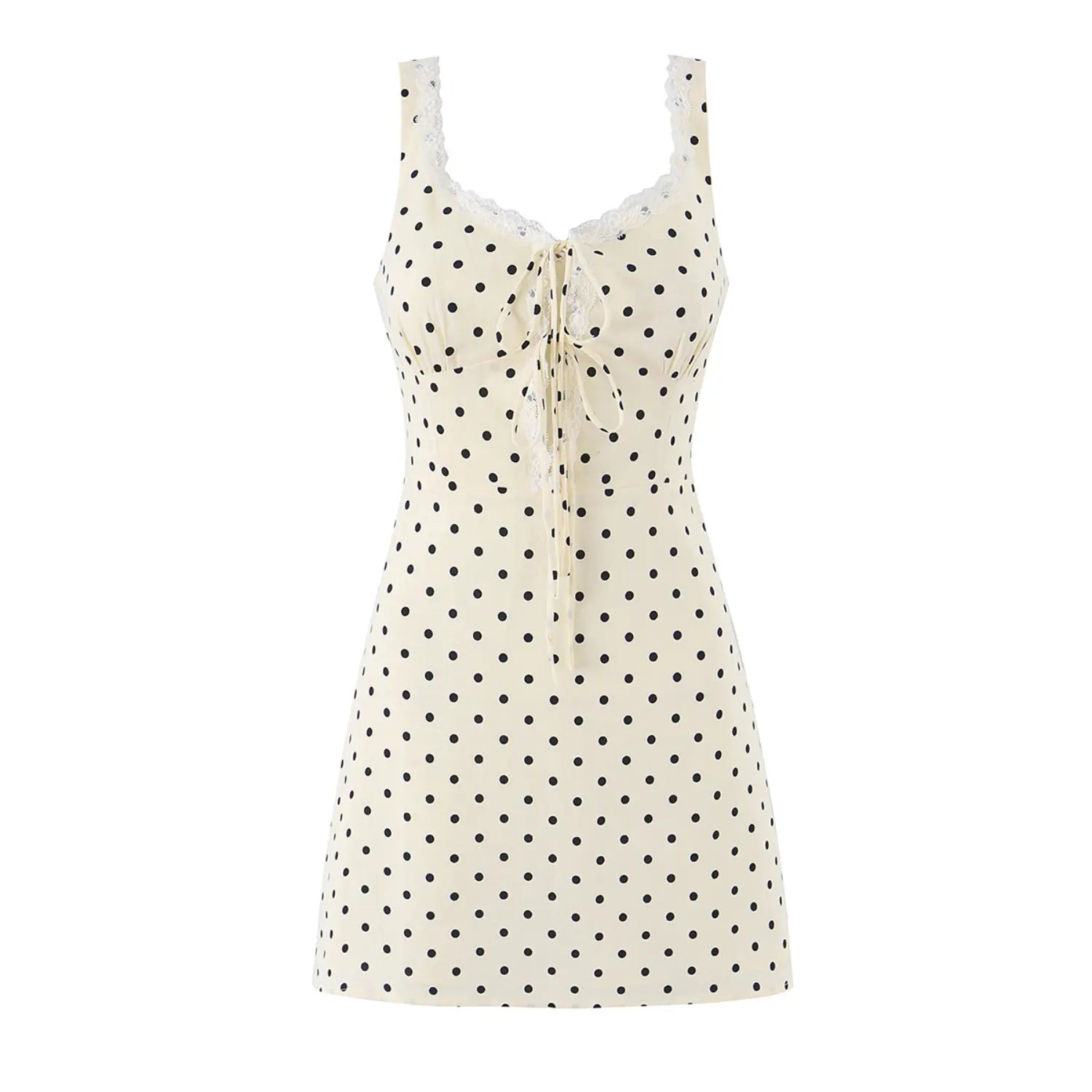 Full front flat lay main shot, cream base black polka dot mini slip dress, lace trim V neck, front lace tie detail, slim fit A-line skirt