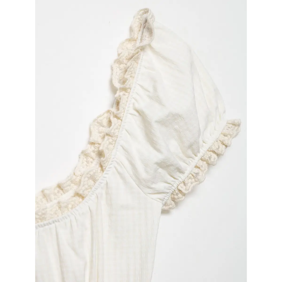 Close-up of the puff sleeve and neckline, showcasing the delicate lace trim and ruffled edge.