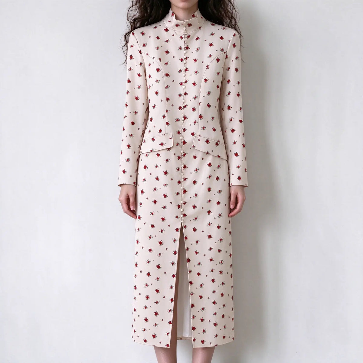 Model wearing cream red tiny floral print long sleeve maxi dress with stand collar and front slit, white background