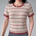 Model wearing cream red light‑blue stripe crew neck short sleeve knit top front view