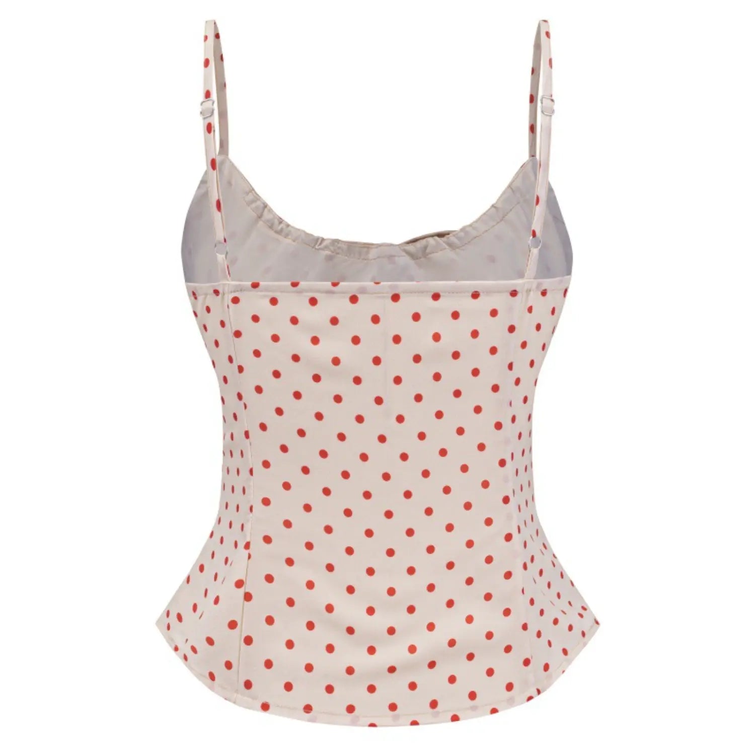 Style view on white background of cream red polka dot camisole back with princess seams