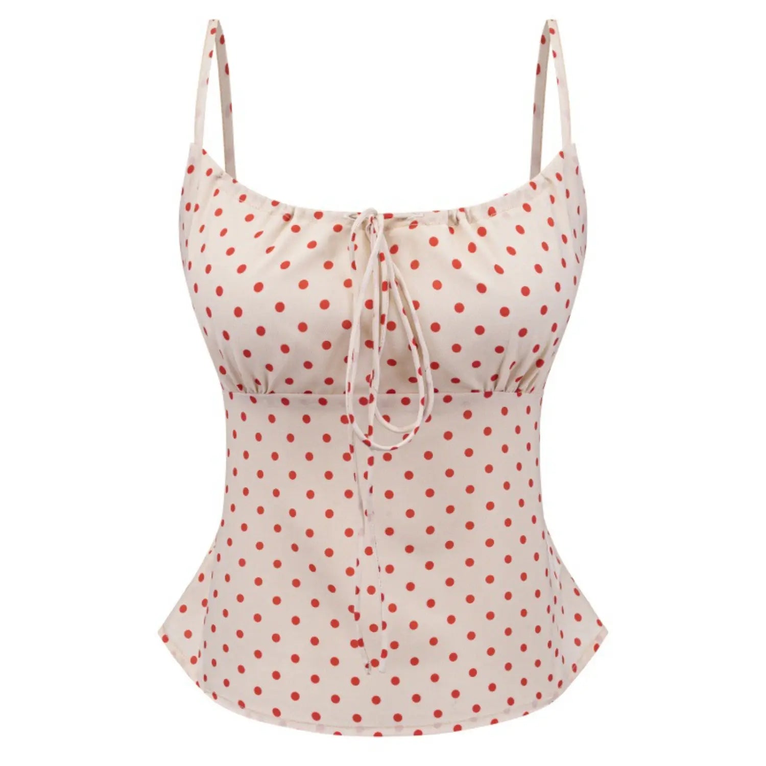 Style view on white background of cream red polka dot camisole with tie neckline