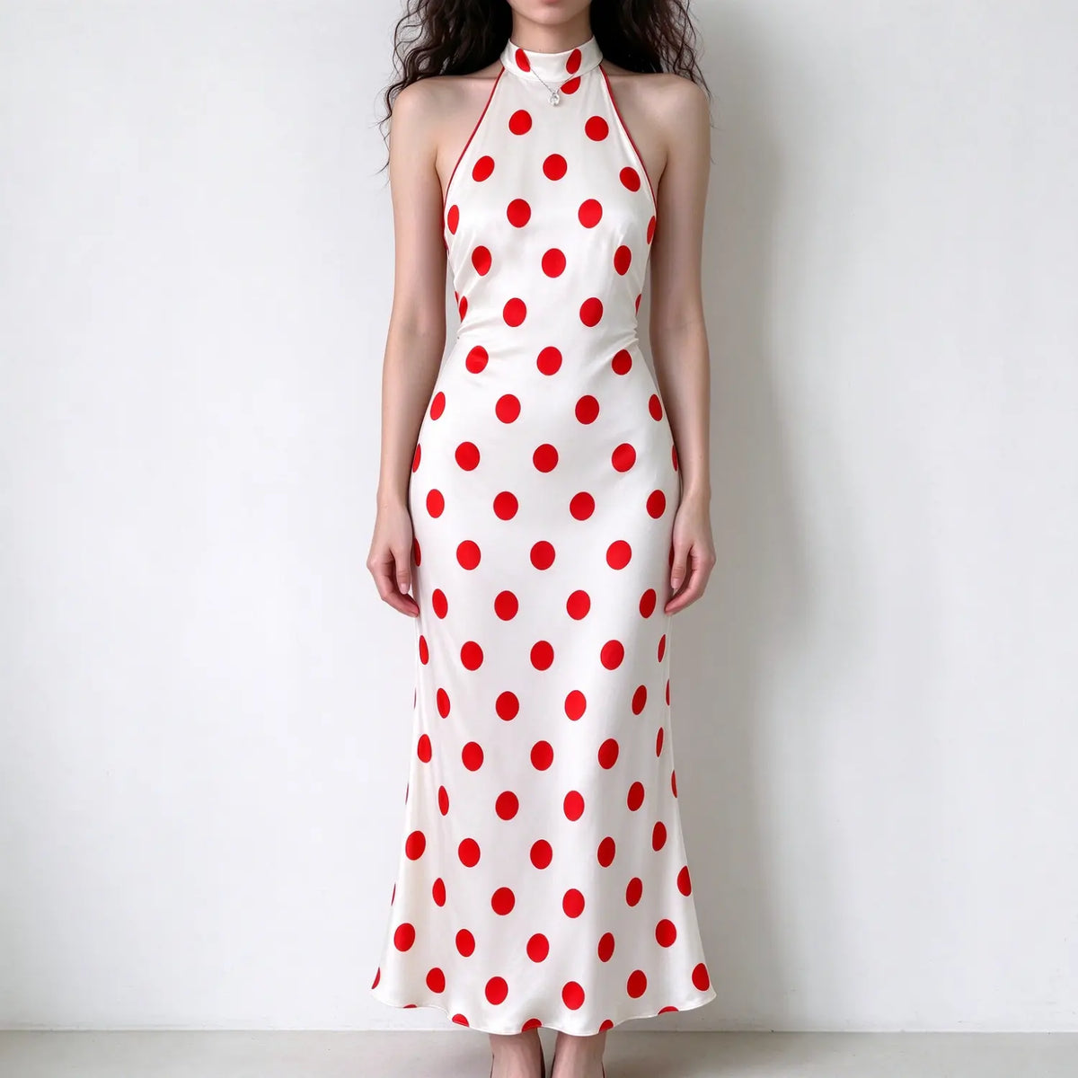 Model wearing cream red polka dot halter satin maxi dress, mock neck, slim fit mermaid long skirt, plain white background