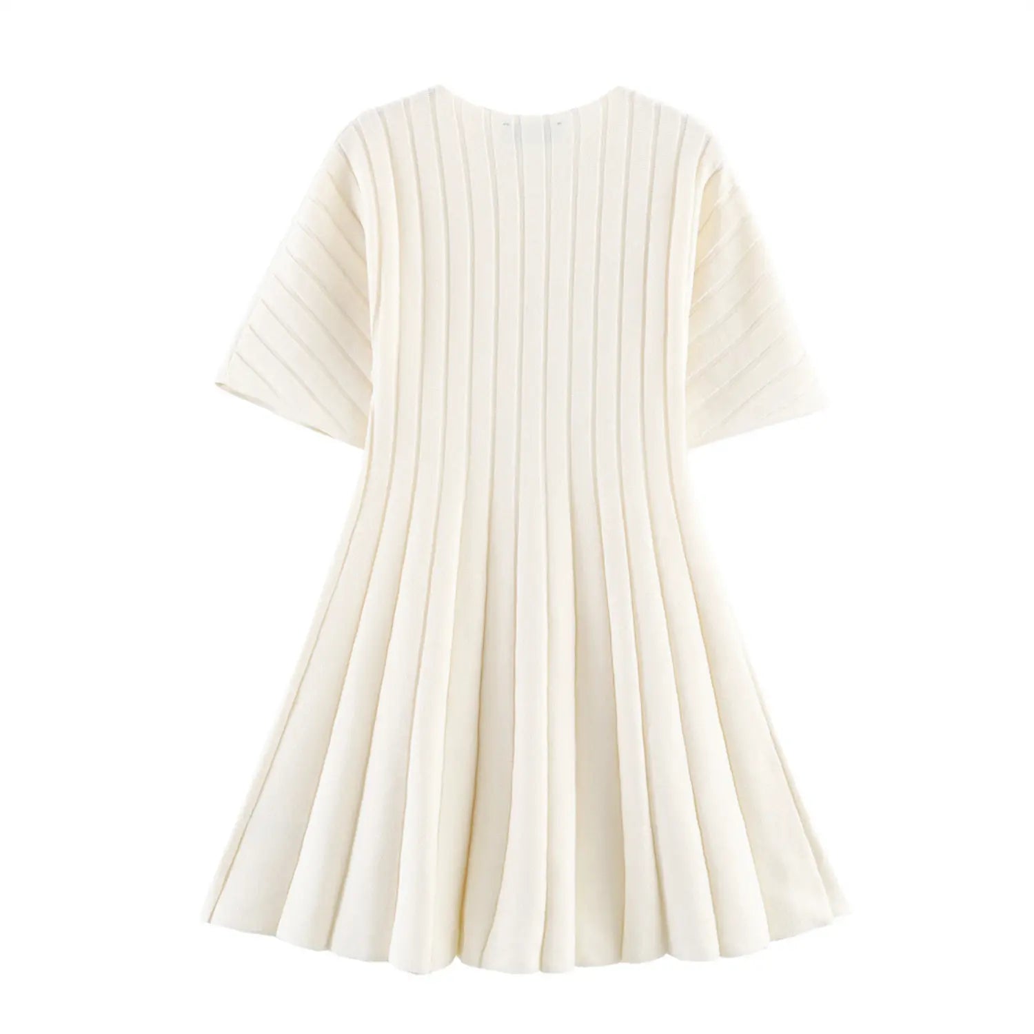Back flat lay shot of cream ribbed knit dress, full vertical ribbed texture and A-line hem display
