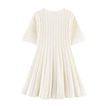 Back flat lay view of cream ribbed knit mini dress, round neck short sleeve vertical ribbed A-line silhouette