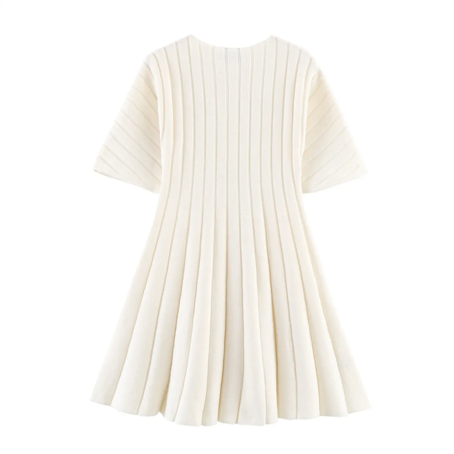 Back flat lay view of cream ribbed knit mini dress, round neck short sleeve vertical ribbed A-line silhouette