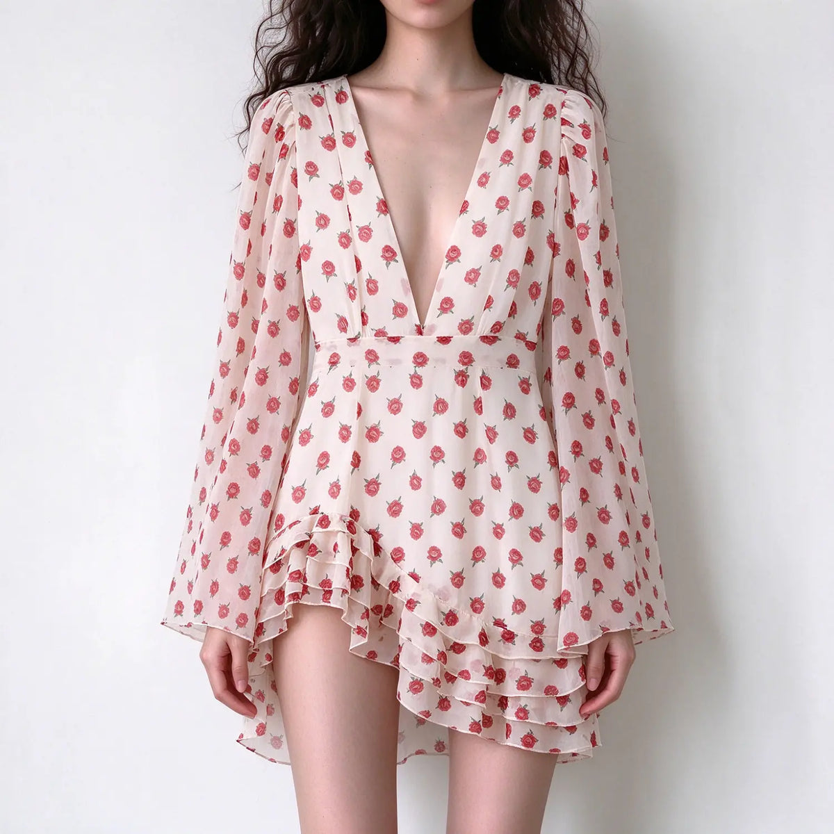 Model wearing cream base rose floral long sleeve mini dress, deep v neck, flared bell sleeves, layered ruffle hem