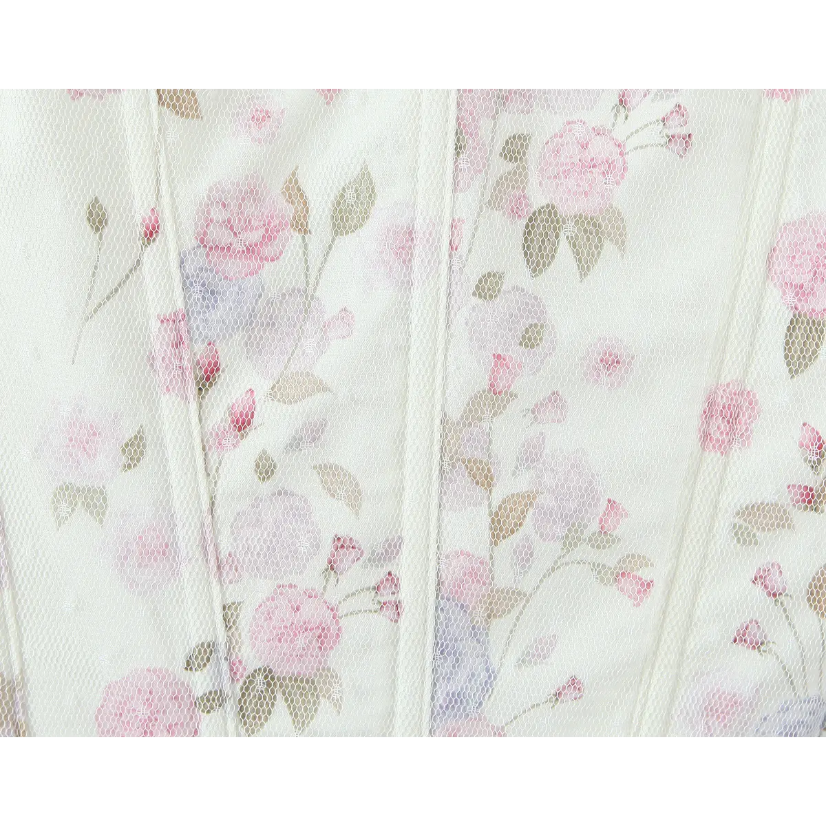  Close-up of watercolor rose print on sheer mesh overlay, revealing the boning structure underneath.