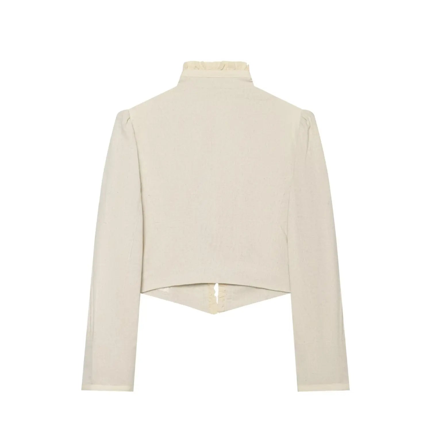 Cream cropped jacket back view, ruffle stand collar, pointed curved hem, long sleeves, white background