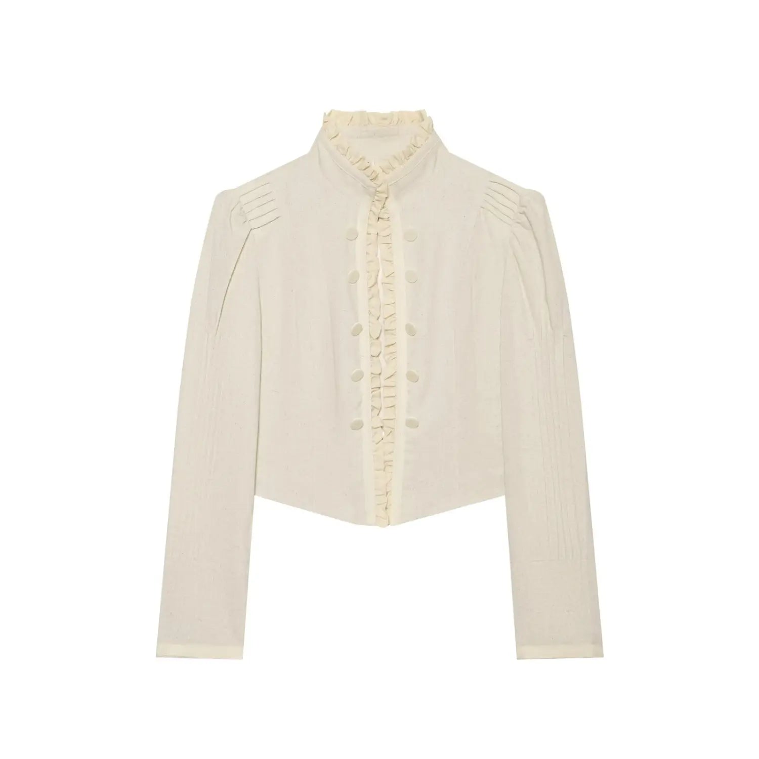Cream ruffle stand‑collar cropped jacket front view, double row buttons, puff pleated shoulders, long sleeves, pointed hem, white background