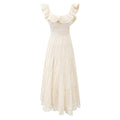 Cream ruffle strap embroidered tiered cake maxi dress front plain white flat lay, off-shoulder lace ruffle neck multi-layer swing skirt back waist tie french cottagecore vacation dress main product shot