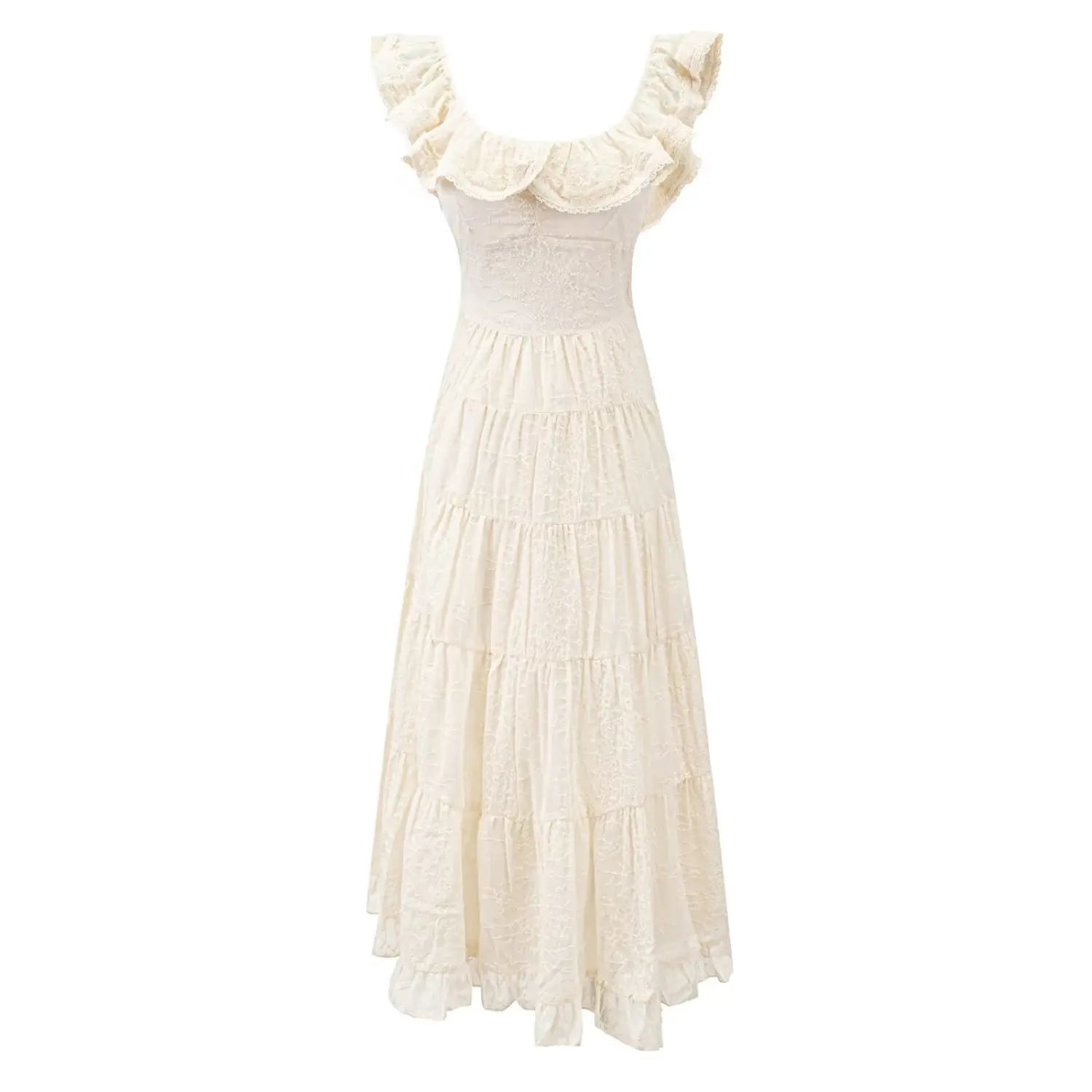 Cream ruffle strap embroidered tiered cake maxi dress front plain white flat lay, off-shoulder lace ruffle neck multi-layer swing skirt back waist tie french cottagecore vacation dress main product shot