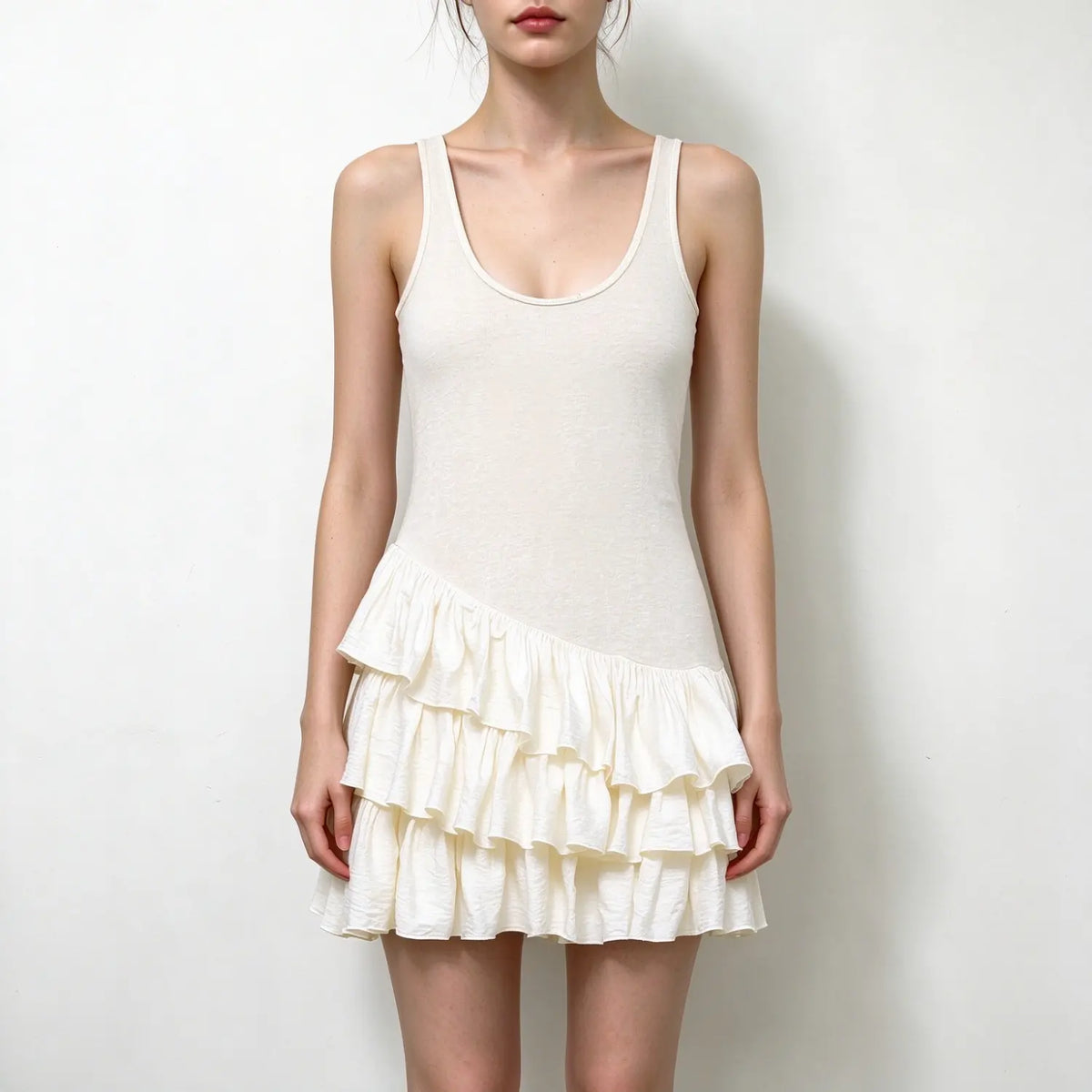 Model wearing cream sleeveless tank mini dress with asymmetrical tiered ruffle skirt, plain white background