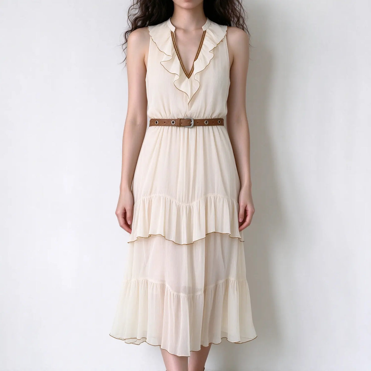 Model wearing cream sleeveless maxi dress, ruffled v neckline, tiered ruffle chiffon skirt, brown waist belt, subtle gold trim, white backdrop