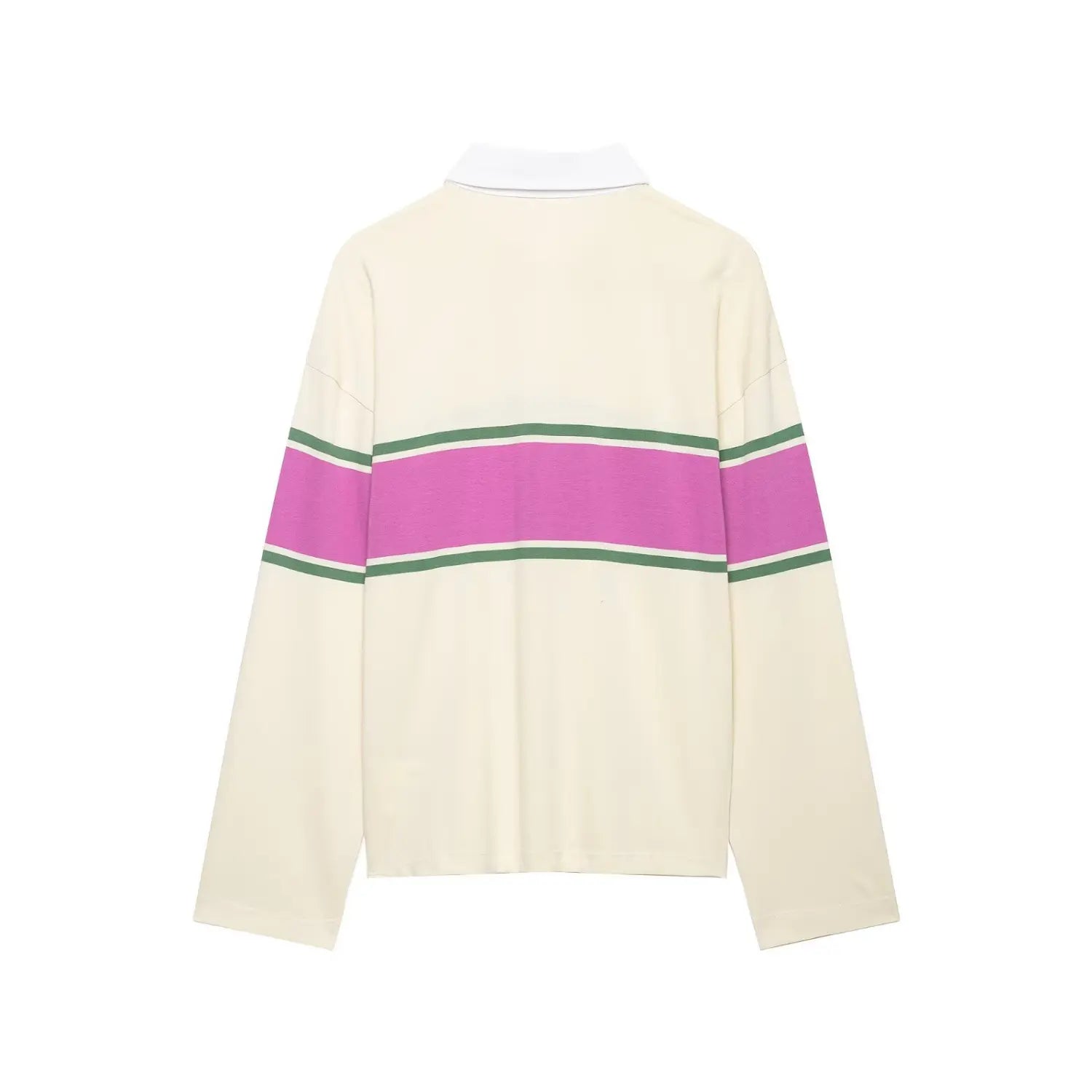 Studio product back view cream long sleeve striped rugby polo shirt isolated on plain white background