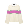 Studio product front view cream long sleeve rugby polo shirt white collar pink green stripe isolated on white background