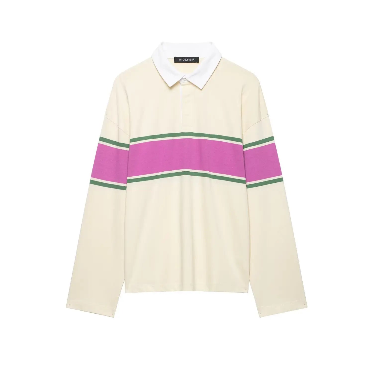 Studio product front view cream long sleeve rugby polo shirt white collar pink green stripe isolated on white background