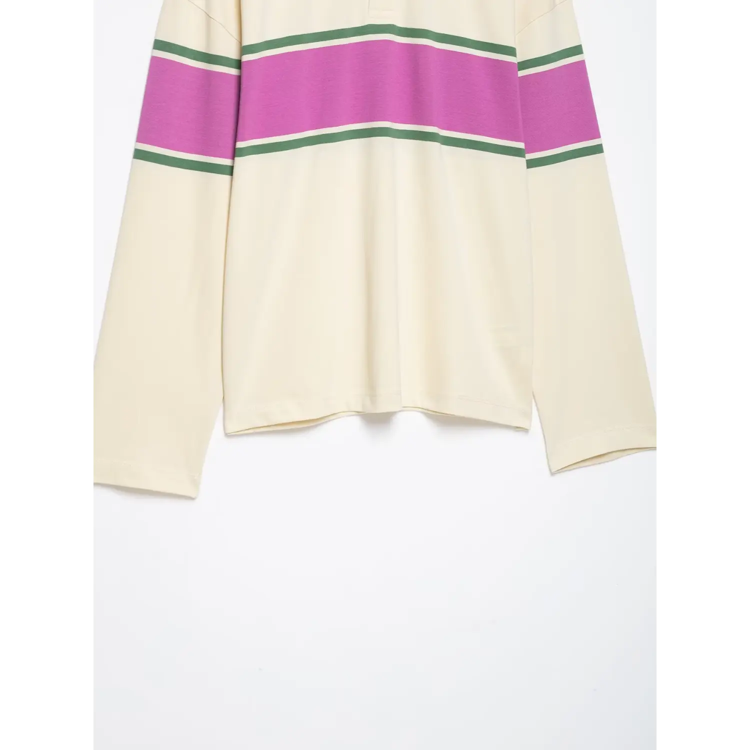 Flat lay lower body view cream long sleeve rugby polo shirt color block pink green stripe pattern