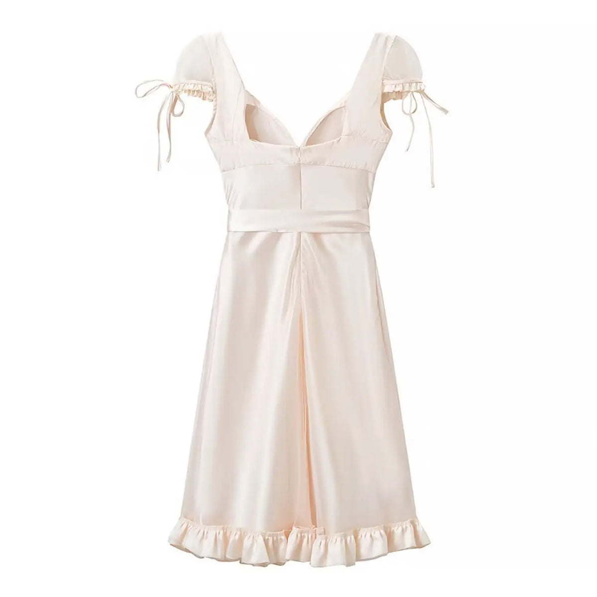 Cream satin midi dress, back view, deep cutout back, short tie mesh sleeves, waist band and ruffle hem