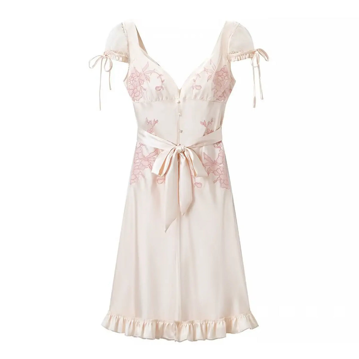 Cream satin midi dress with pink floral embroidery, v-neck, short mesh tie sleeves, waist sash bow and ruffle hem, front view