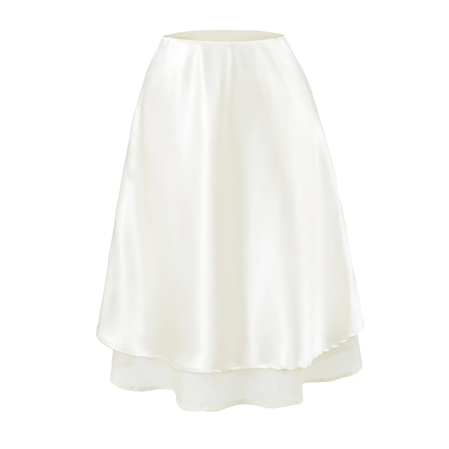 Cream soft glossy satin mini skirt single flat shot, low saturation neutral tone staggered double wavy hem lightweight drape short bottom shot