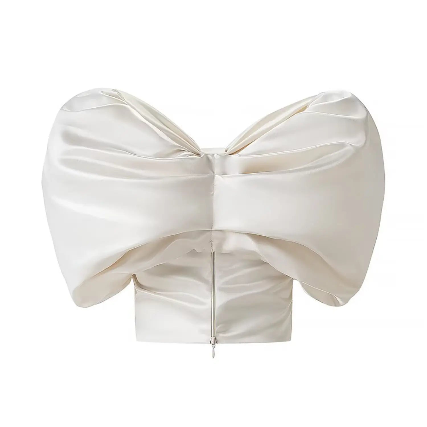 Back flat lay view of cream satin oversized bow cropped top with back zipper