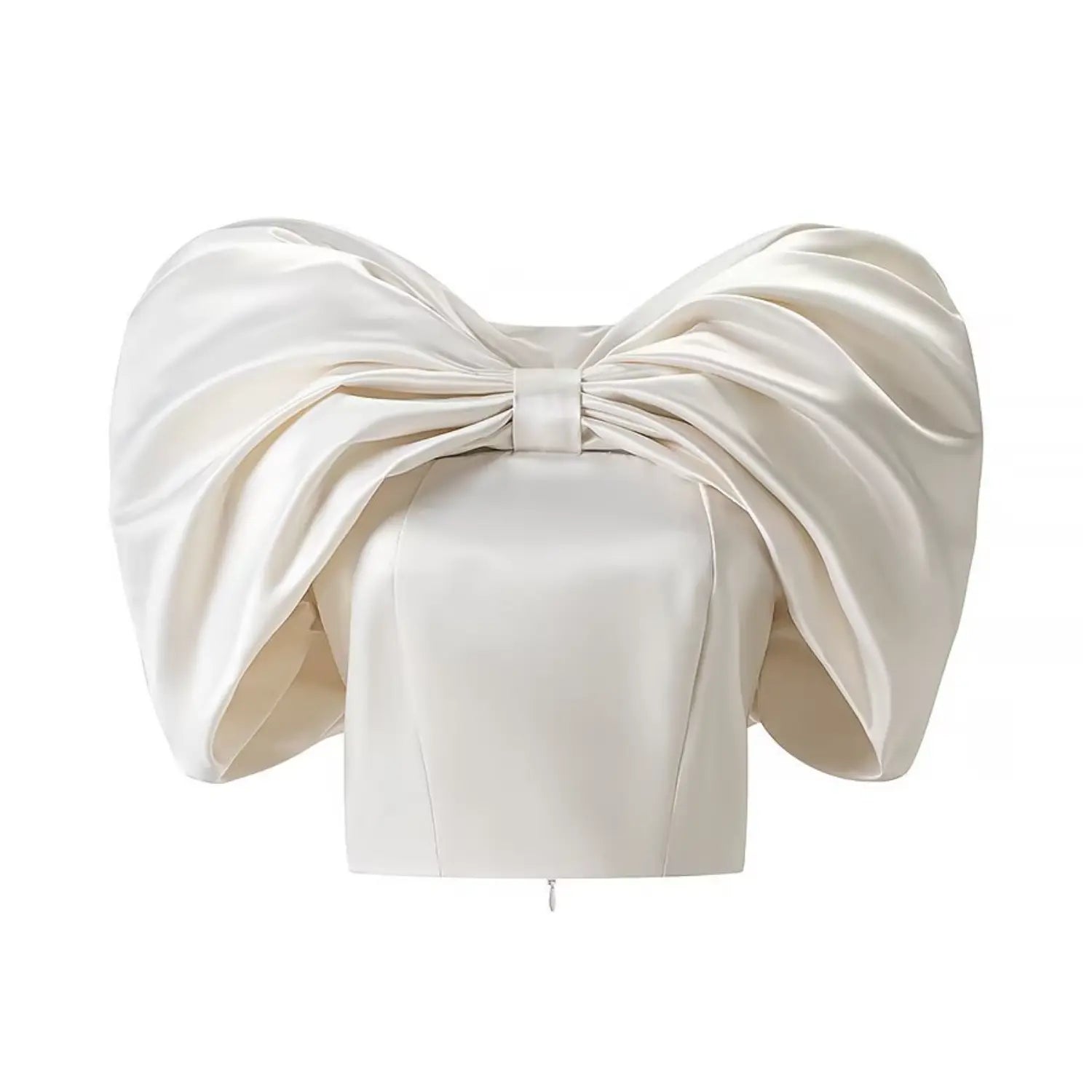 Front flat lay view of cream satin oversized big bow off shoulder cropped top