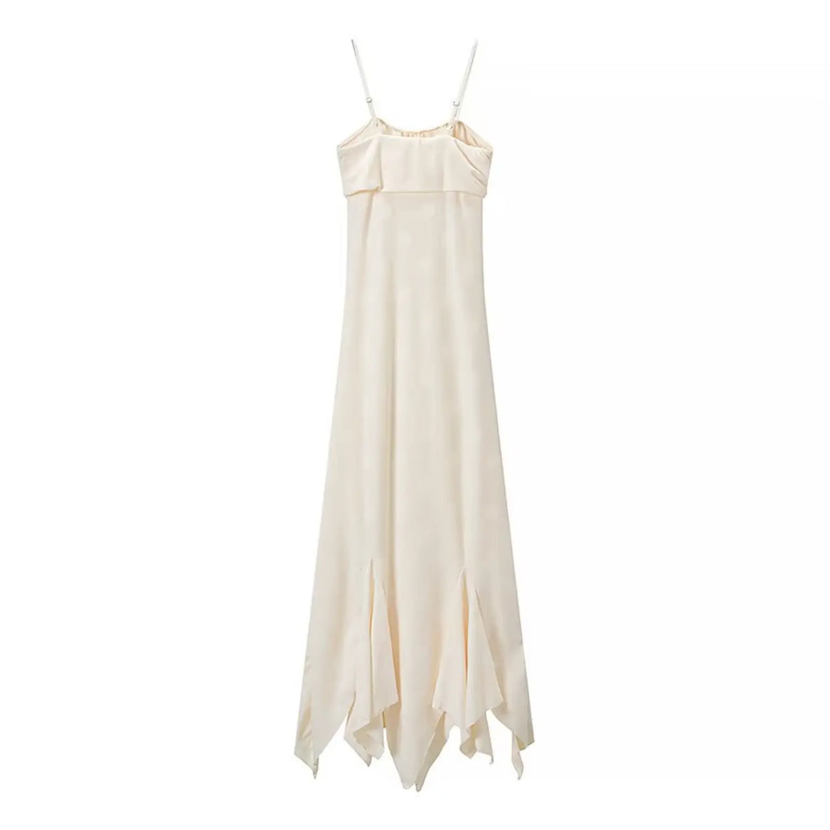 Back flat lay of cream satin ruched cami midi dress