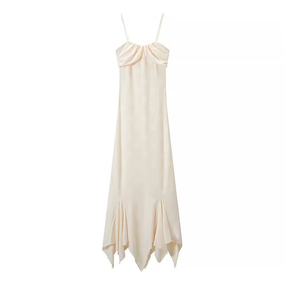 Front flat lay of cream satin ruched cami midi dress