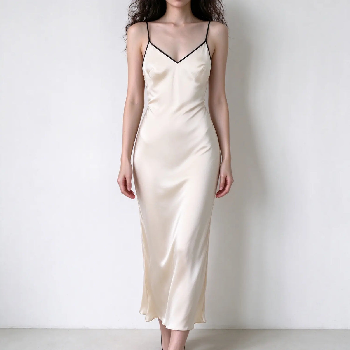 Model wearing cream satin spaghetti strap maxi dress, v neckline with black trim, sleek slim fit, silky fabric, elegant slip maxi dress