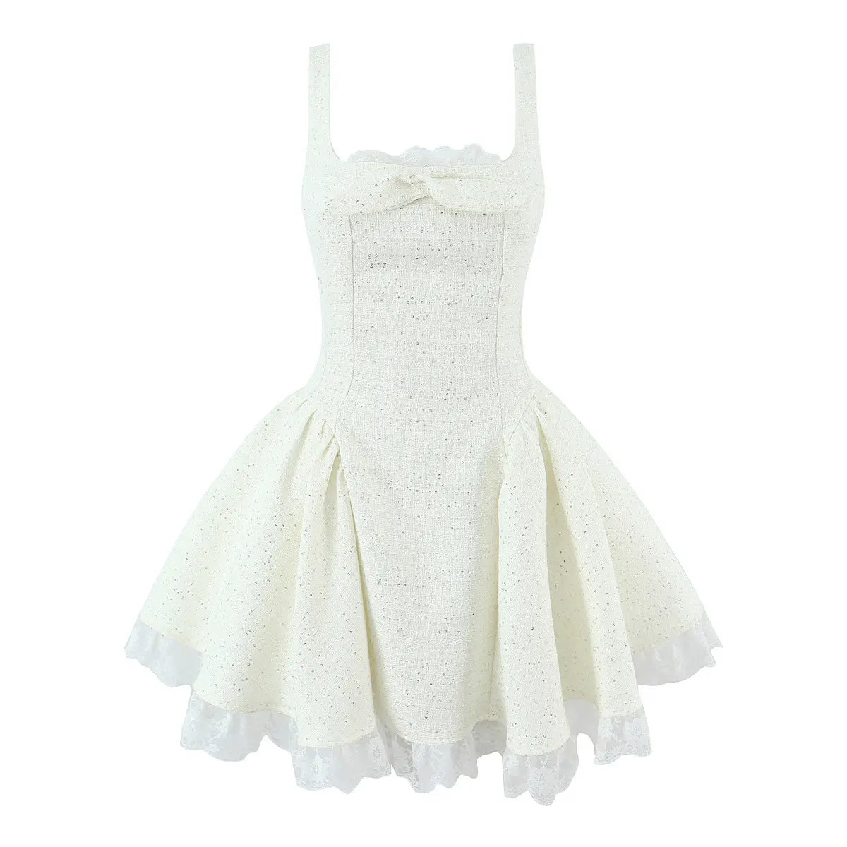 Cream Glitter Tweed Square Neck Skater Mini Dress with Lace Hem Bow – dingdingly