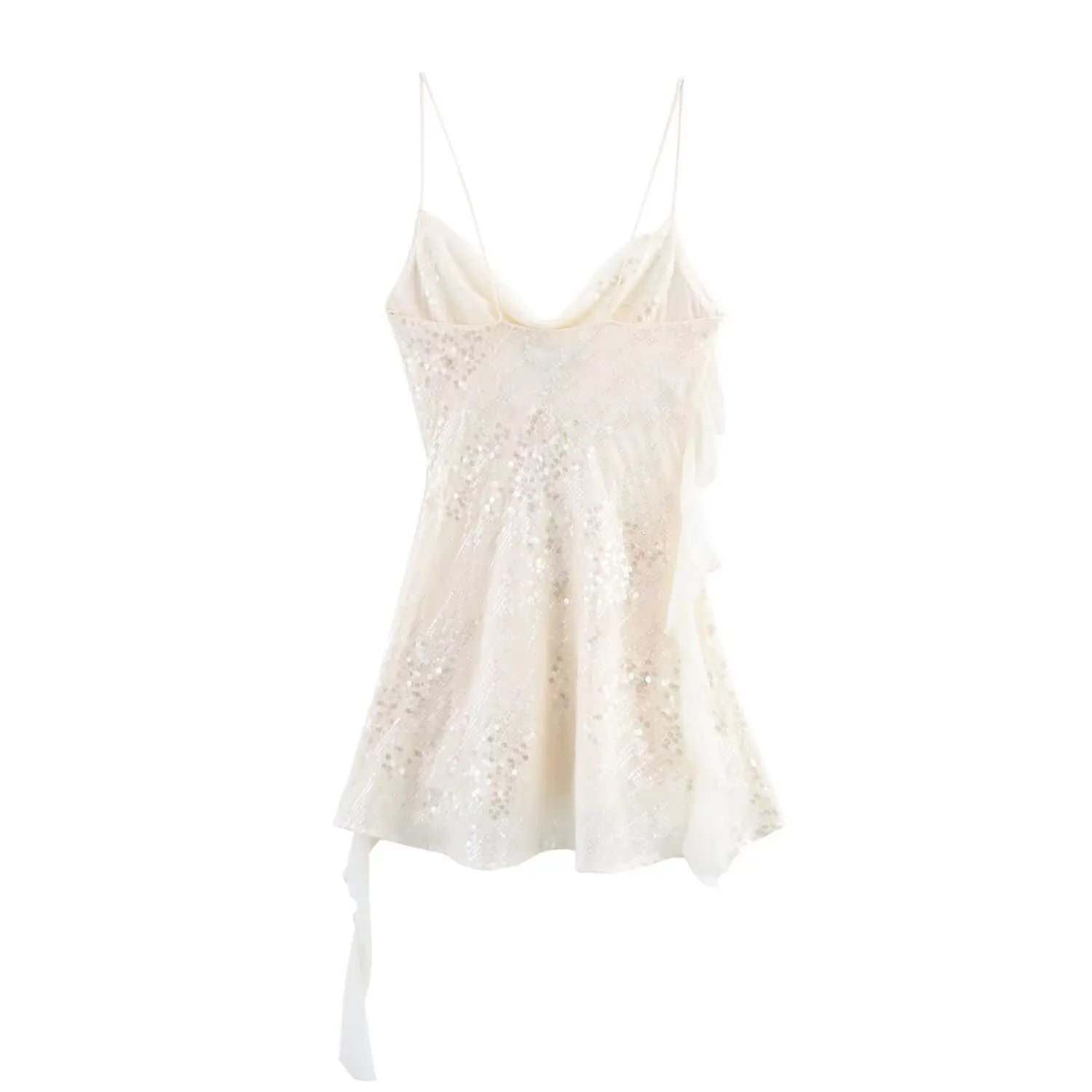 Full back view on white background of the cream sequined cowl neck mini slip dress with side ruffles
