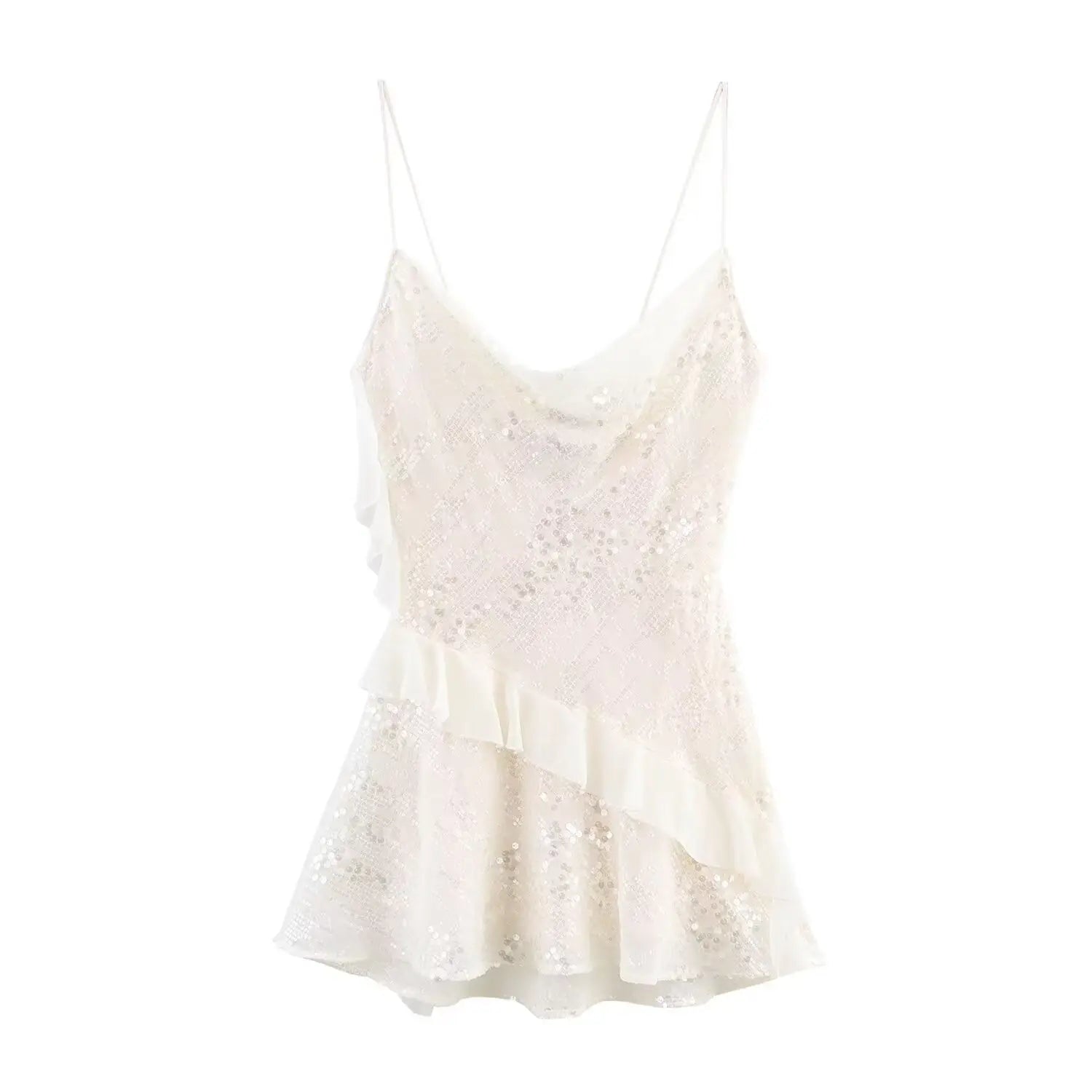 Full front view on white background of the cream sequined cowl neck mini slip dress with asymmetrical ruffles