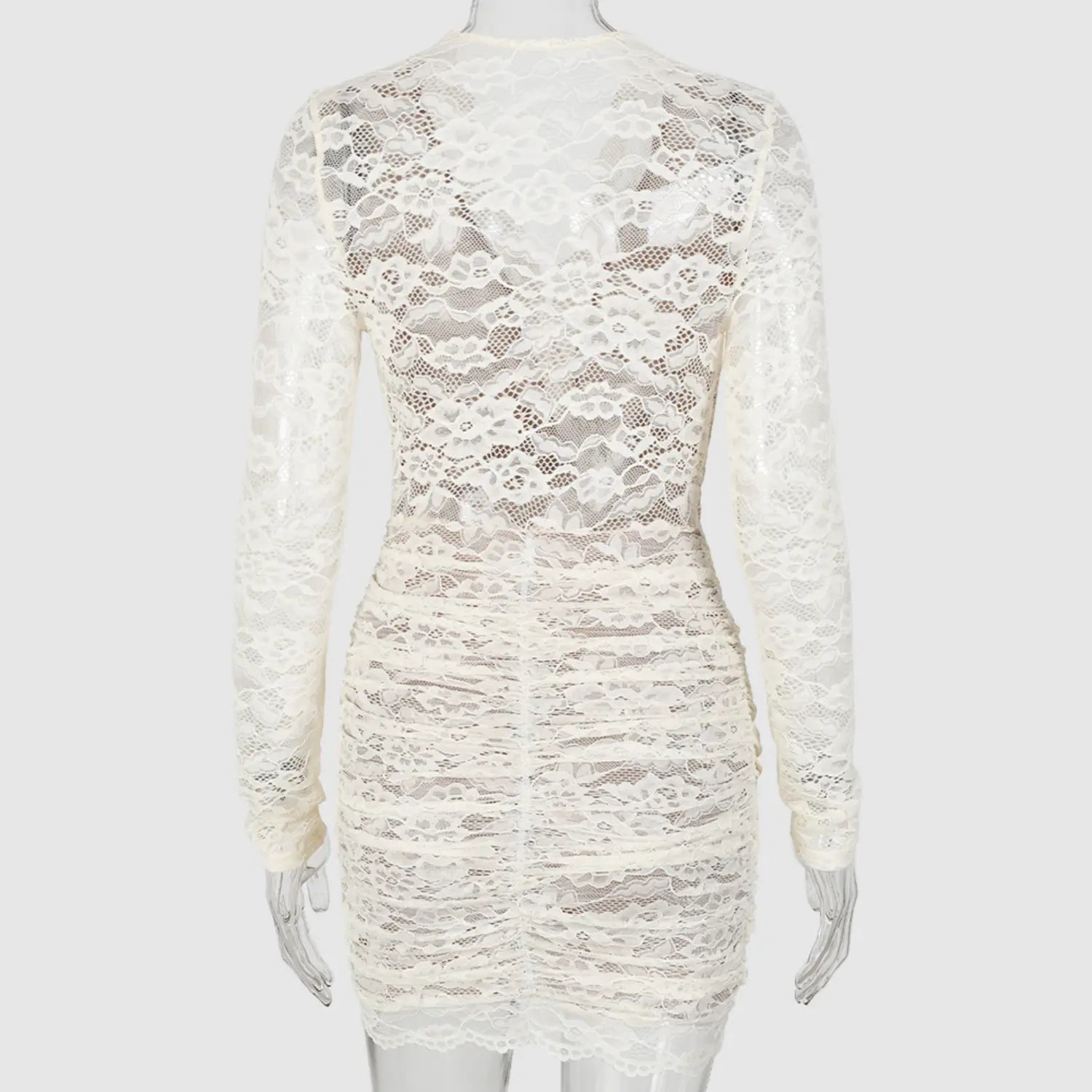 Back view mannequin cream floral lace long sleeve ruched tight mini dress
