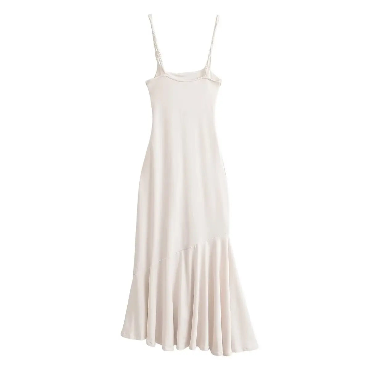 Back view of the cream spaghetti-strap mermaid maxi dress, showing the smooth back silhouette and flared hem
