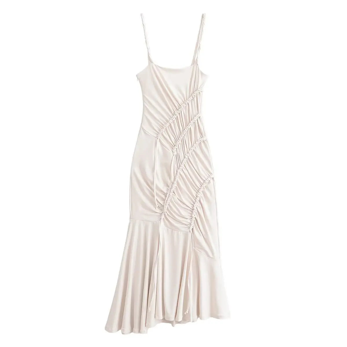 Full view of the cream spaghetti-strap mermaid maxi dress, featuring diagonal drawstring ruching and a flared hem