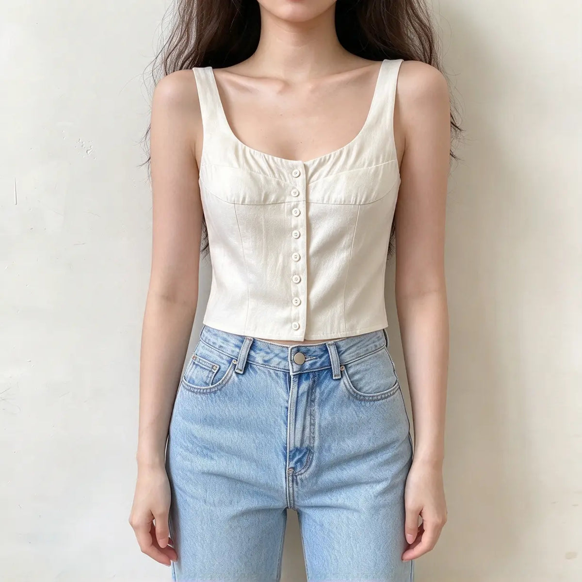 Model wearing cream square neck button front camisole crop top with jeans, front view