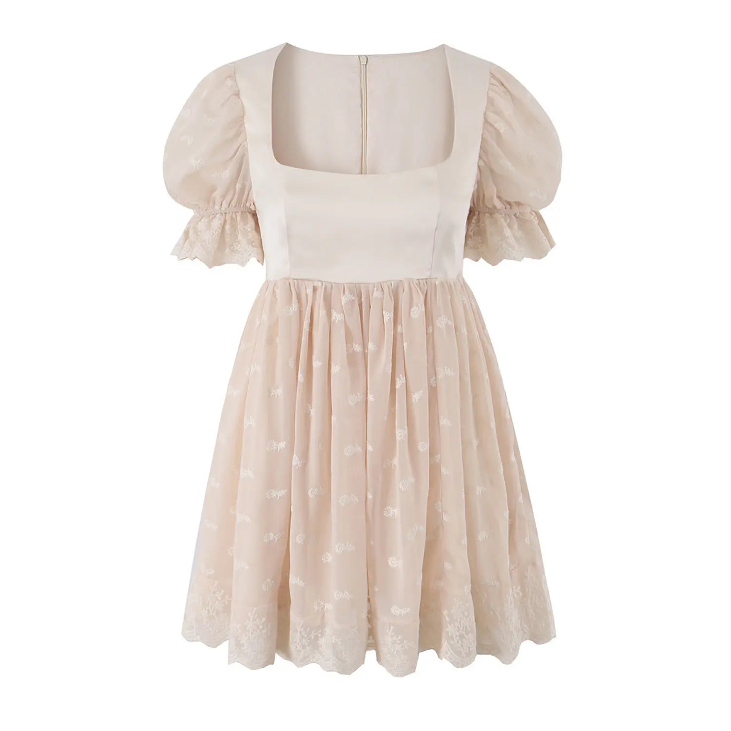 Cream square neck puff sleeve daisy embroidered tulle mini dress front plain white flat lay, satin spliced waist A-line short silhouette soft french romantic princess dress main product shot