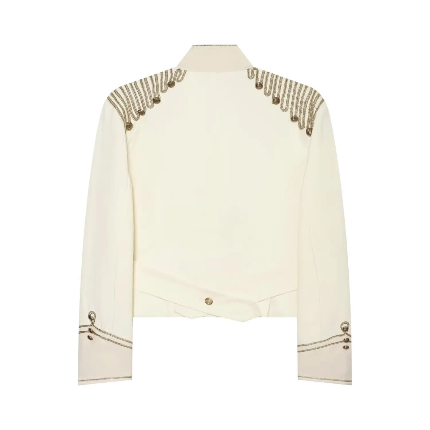 Back view cream tailored cropped blazer, gold cord epaulet trim, fitted hem with decorative button
