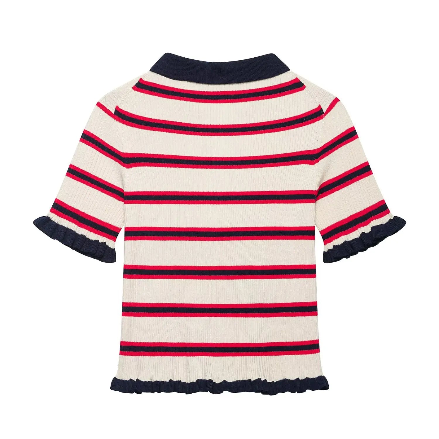 Complete back flat view, horizontal red navy stripe rib knit, navy ruffled sleeve cuffs and hem, slim fitted silhouette
