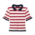 Full front flat lay main shot of cream striped knit cardigan, navy polo collar, front red button placket, ribbed knit, ruffled sleeve & hem trim