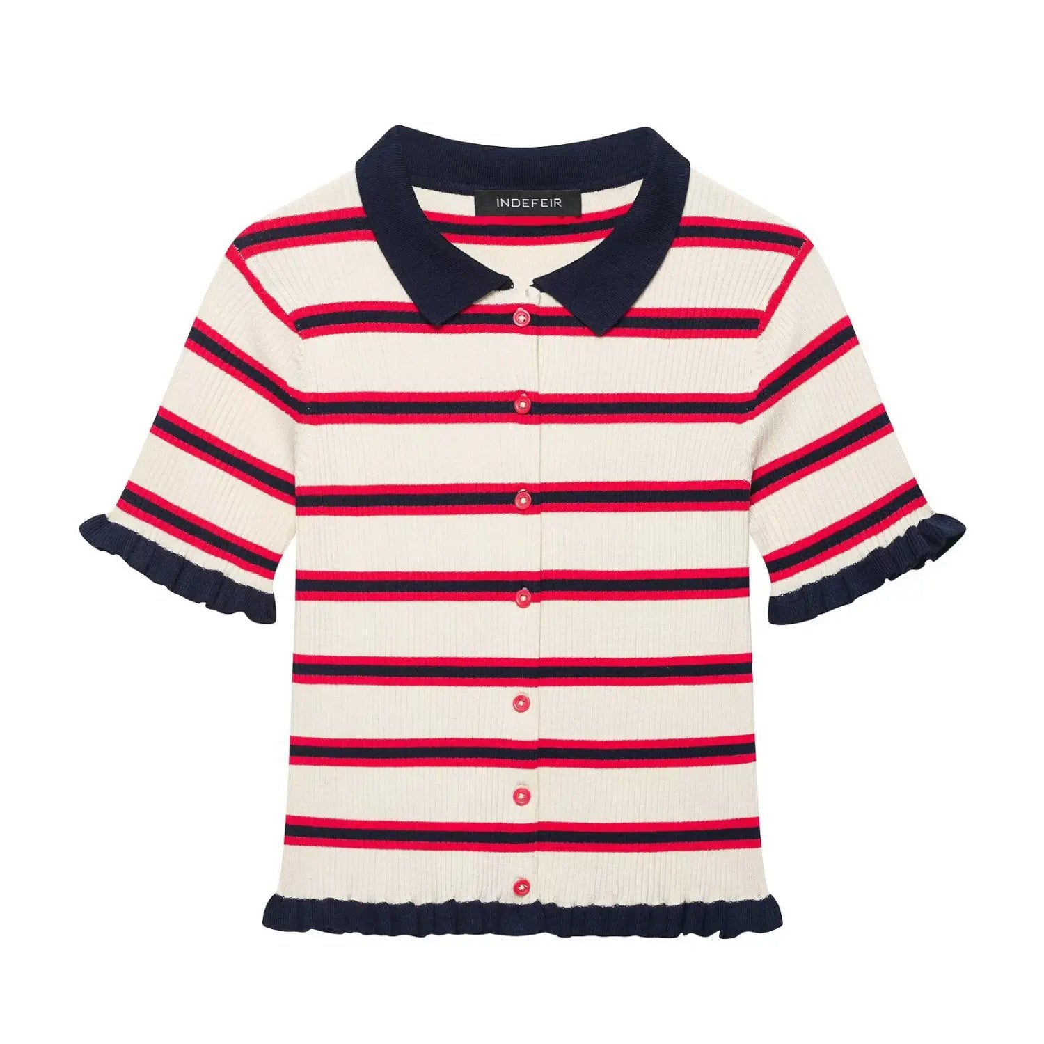 Full front flat lay main shot of cream striped knit cardigan, navy polo collar, front red button placket, ribbed knit, ruffled sleeve & hem trim
